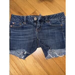 American Eagle Womens Shorts Blue Stretch Denim Distressed Frayed Hem Size 00